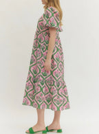 Pink Green Floral Print Tiered Midi Dress