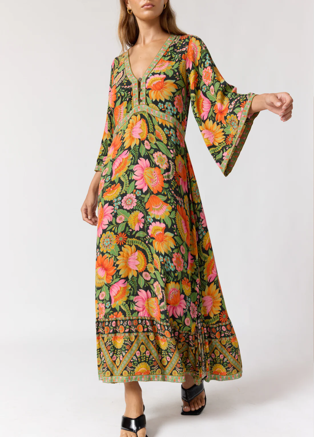 Vintage Floral V-Neck Empire Waist Maxi Dress