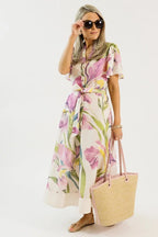 Cream Iris Print Button-Front Midi Shirt Dress with Belt