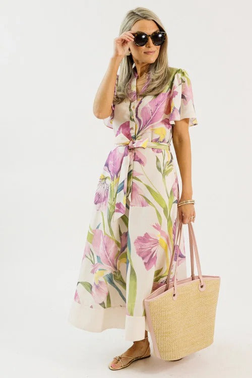 Cream Iris Print Button-Front Midi Shirt Dress with Belt