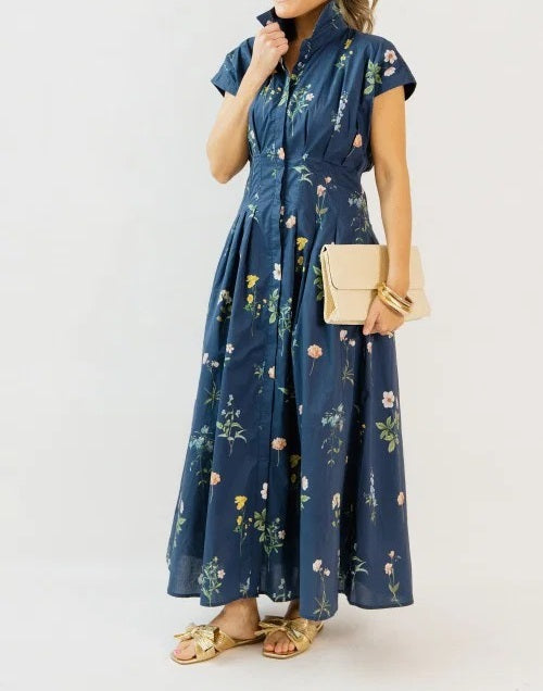 Navy Botanical Floral Midi Shirt Dress