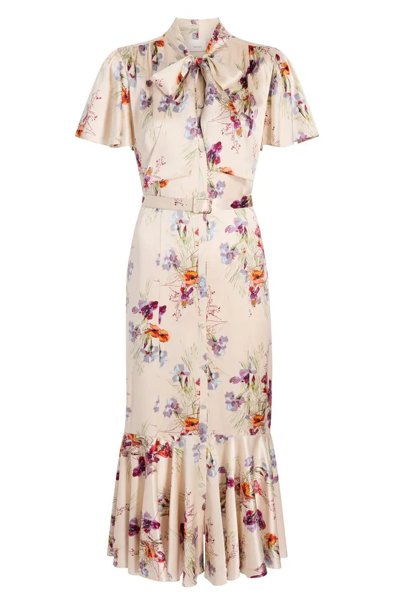 Satin Floral Ruffle Hem Shirt Dress with Waist Belt