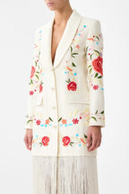 Ivory Floral Embroidered Fringe Blazer Dress