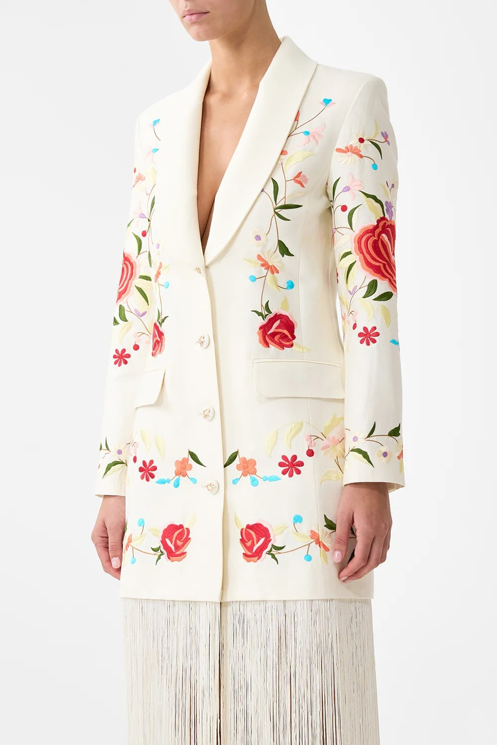 Ivory Floral Embroidered Fringe Blazer Dress