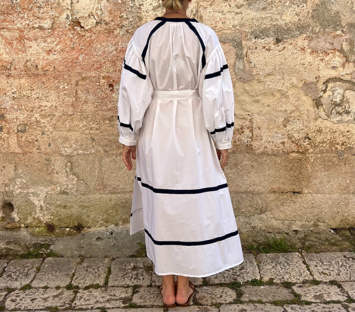 Navy & White Trimmed Linen Blend Vacation Dress