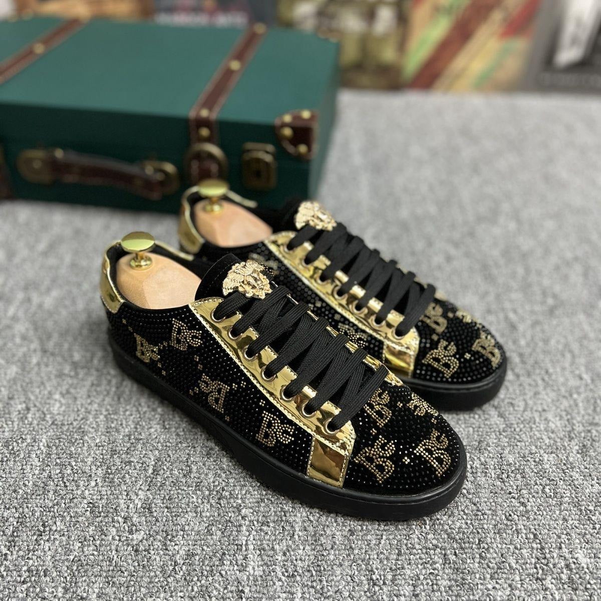Luxury Black & Gold Rhinestone Medallion Sneakers