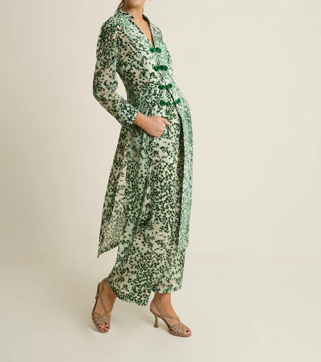Emerald Blossom Velvet Burnout Kimono Coat & Wide Leg Pants Set