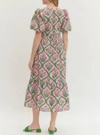 Pink Green Floral Print Tiered Midi Dress