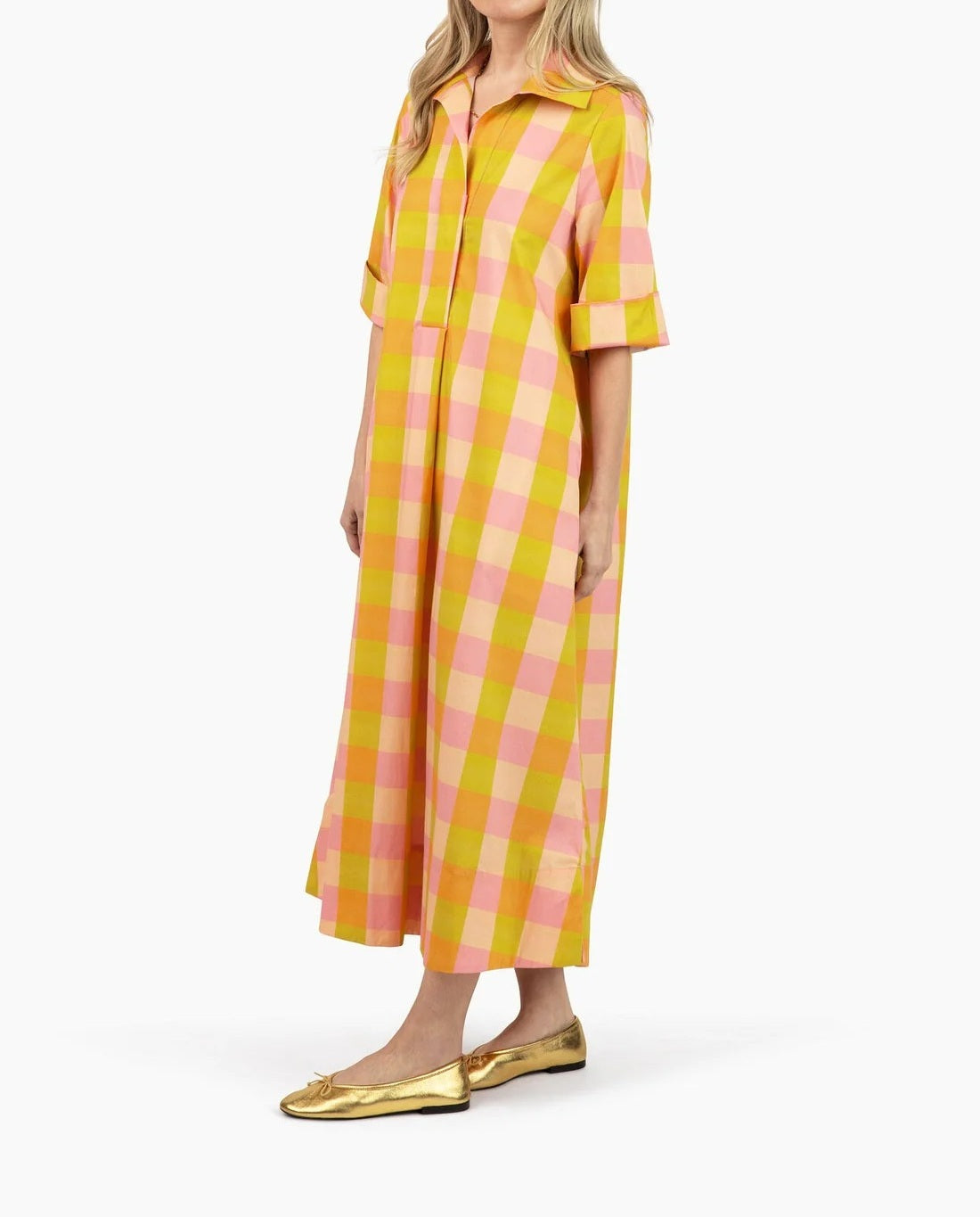 Pink & Citrus Gingham Oversized Midi Shirt Dress