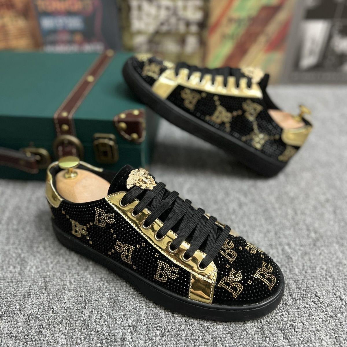 Luxury Black & Gold Rhinestone Medallion Sneakers