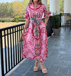 Garden Party Equestrian Print Pink Midi Dress
