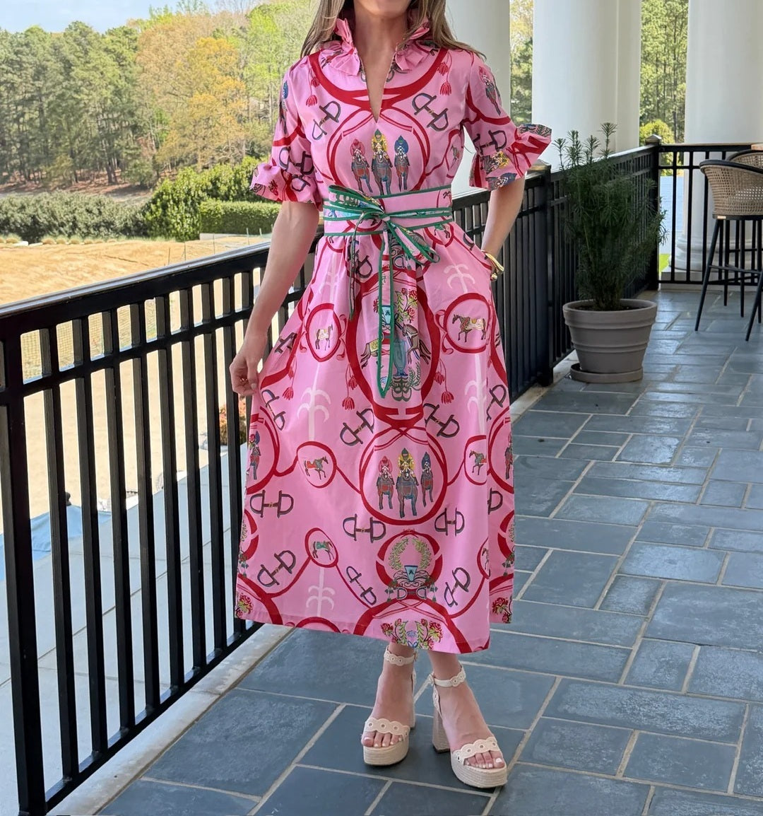 Garden Party Equestrian Print Pink Midi Dress