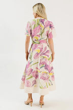 Cream Iris Print Button-Front Midi Shirt Dress with Belt