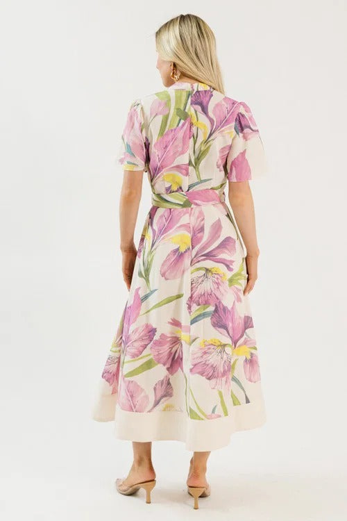 Cream Iris Print Button-Front Midi Shirt Dress with Belt