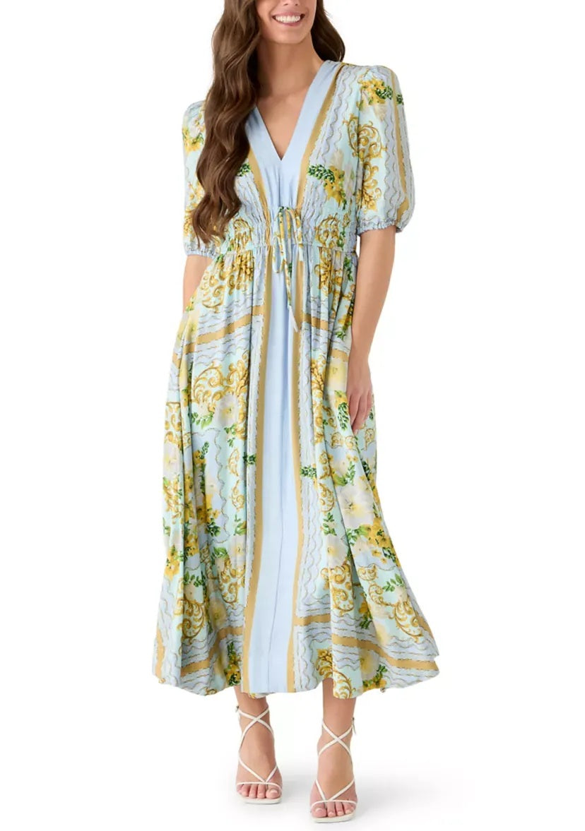 Blue Gold Botanical Smocked Midi Dress