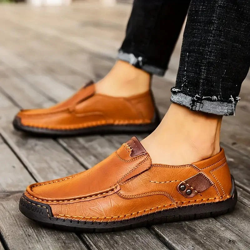 Men’s Brown Hand-Stitched Leather Slip-On Loafers
