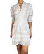 White Eyelet Embroidered Puff Sleeve Tiered Mini Dress