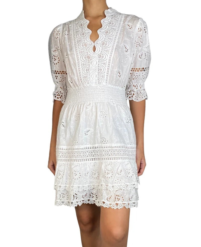 White Eyelet Embroidered Puff Sleeve Tiered Mini Dress