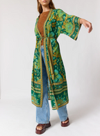 Bohemian Floral Print Belted Maxi Kimono Cover-Up