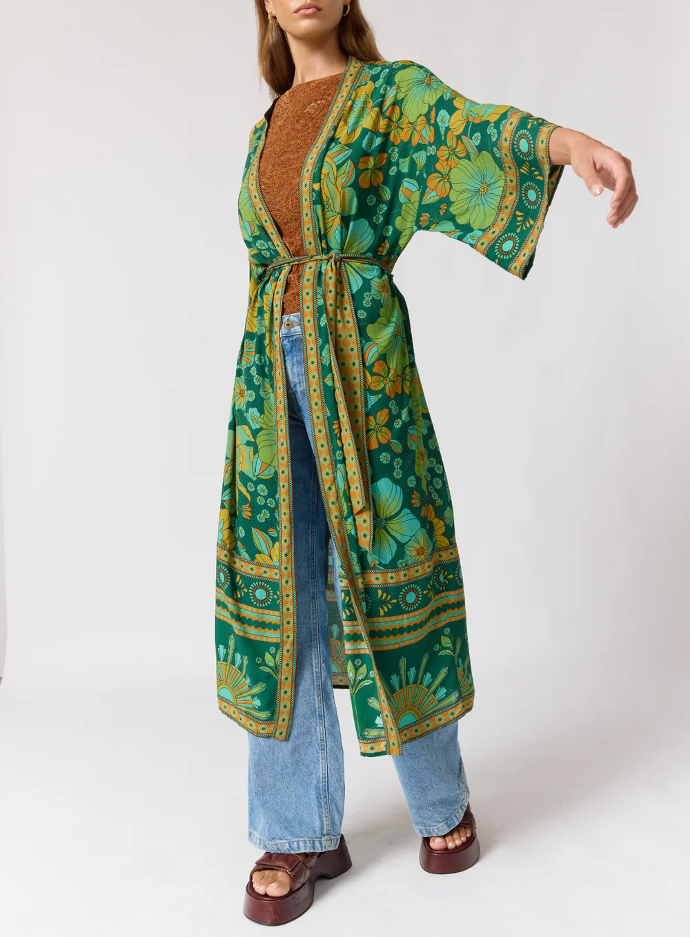 Bohemian Floral Print Belted Maxi Kimono Cover-Up