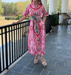 Garden Party Equestrian Print Pink Midi Dress