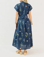 Navy Botanical Floral Midi Shirt Dress
