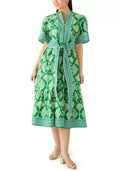 Green Greek Key Print Belted Midi Dress