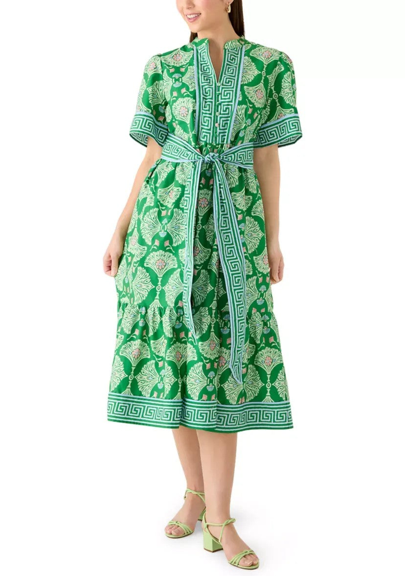 Green Greek Key Print Belted Midi Dress