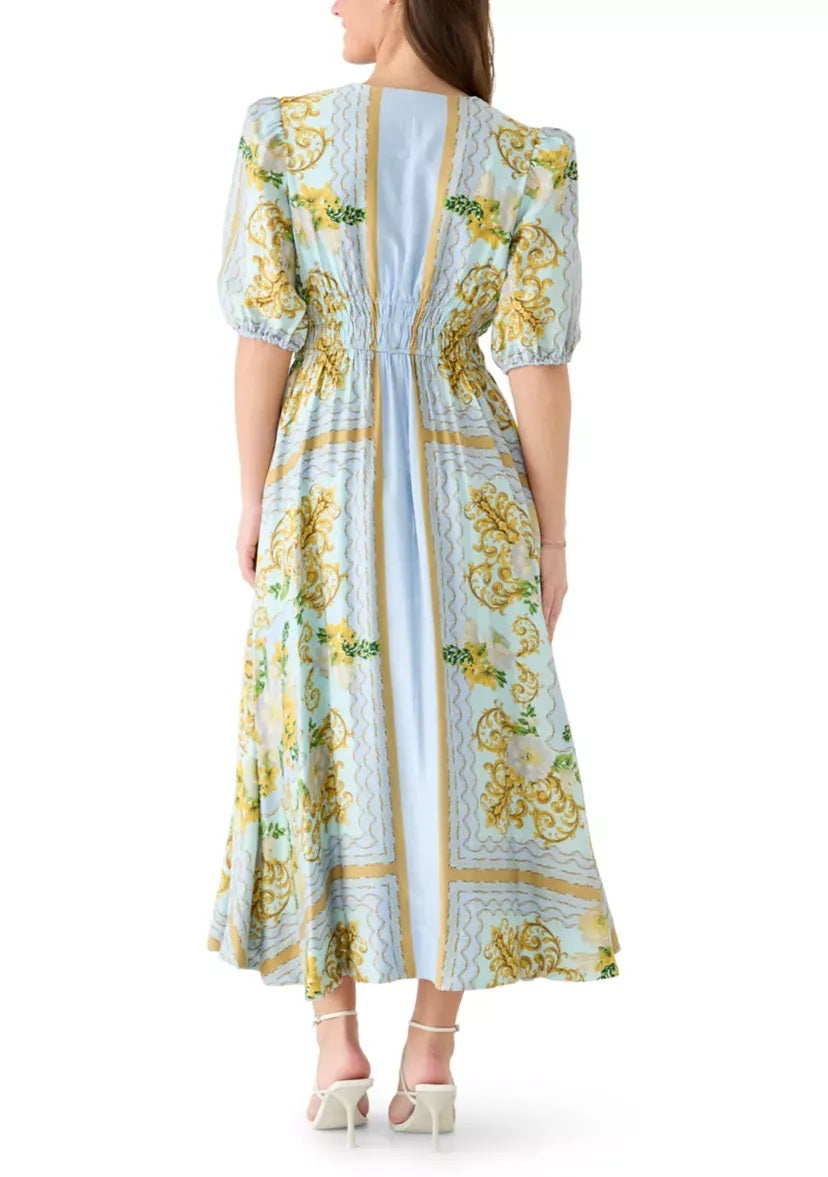 Blue Gold Botanical Smocked Midi Dress