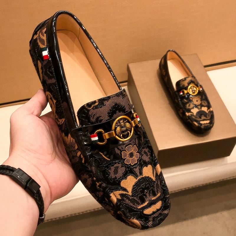 Luxury Patterned Leather Loafers with Gold Bee Hardware